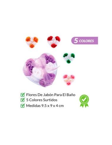 6 Flores de jabón presentadas en estuche corazón decorado con lazo de organza a juego 6 Flores de jabón presentadas en estuche corazón decorado con lazo de organza a juego