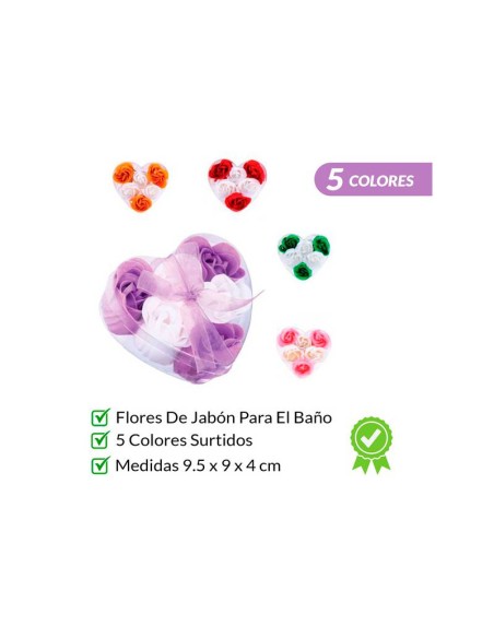 6 Flores de jabón presentadas en estuche corazón decorado con lazo de organza a juego 6 Flores de jabón presentadas en estuche corazón decorado con lazo de organza a juego