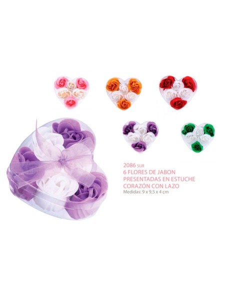 6 Flores de jabón presentadas en estuche corazón decorado con lazo de organza a juego 6 Flores de jabón presentadas en estuche corazón decorado con lazo de organza a juego