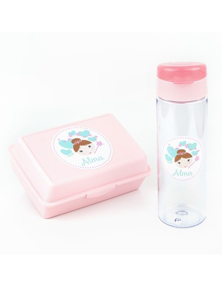 Pack Botella 600ml + Cajita Porta Alimentos Hada Rosa personalizadas Pack Botella 600ml + Cajita Porta Alimentos Hada Rosa personalizadas