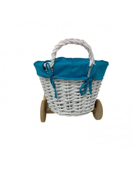 CESTA DE MIMBRE EN FORMA DE CARRITO AZUL